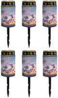 Poceacles Solar Lights Outdoor Solar Powered Outdoor Cemetery Stake Candle Grave Lamp Landscape Lighting Waterproof Grave Flameless Candle, Palm Tree Beach Sunset Pattern Violet Blue, Pack of 6 by Poceacles