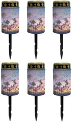 Poceacles Solar Lights Outdoor Solar Powered Outdoor Cemetery Stake Candle Grave Lamp Landscape Lighting Waterproof Grave Flameless Candle, Palm Tree Beach Sunset Pattern Violet Blue, Pack of 6 by Poceacles