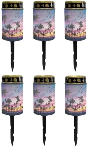 Poceacles Solar Lights Outdoor Solar Powered Outdoor Cemetery Stake Candle Grave Lamp Landscape Lighting Waterproof Grave Flameless Candle, Palm Tree Beach Sunset Pattern Violet Blue, Pack of 6 by Poceacles