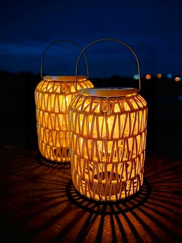Cooo 2 Pack Rattan Solar Hanging Lanterns Waterproof Outdoor Edison Bulb by Cooo