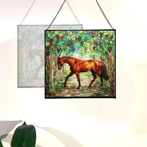 Chestnut Trakehner Horse Walking Beneath Vineyard Canopy Square Suncatcher – Stained Glass Style Window Panel with Pastoral Scene, Custom Decorative Hanging Art for Equestrian Home, Christmas Os0RHH - Image 4
