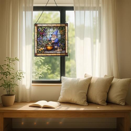 Gnome Making soap Stained Glass Suncatcher – Square Hanging Window Panel for Home, Garden, Nursery, Halloween, Christmas, Memorial Day – Whimsical Glass Art Gift for Gnome Lovers 03xua6 - Image 7