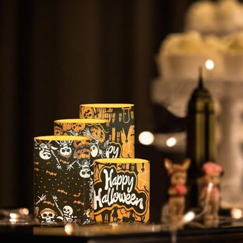 5.7" x 3" Battery Operated Flameless Candles with Timer Happy Halloween Skeleton LED Candles with Remote for Outdoor Indoor Decoration Electric 4Pcs Plastic Pillar Lights Bulk - Image 5
