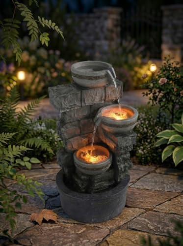 3 Tier Stacked Stone Outdoor Water Fountain, 27 Inch Freestanding Cascading Waterfall Fountain with Built-in Pump, Bird Bath Rest Station for Garden, Backyard & Lawn - Image 2