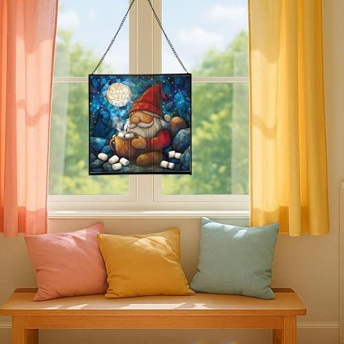 Hot Cocoa Gnome Night Stained Glass Suncatcher – Square Hanging Window Panel for Home or Greenhouse – Whimsical Glass Art Gift for Garden Lovers, Christmas, Halloween, Father Days 6F1b02 - Image 5