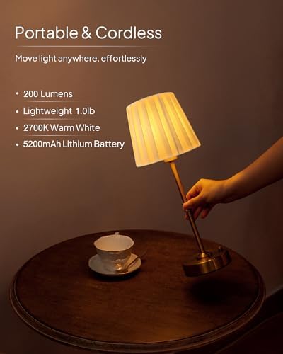 EppieBasic Cordless Table Lamp Rechargeable: Fast Charging & Long Lasting - 2700K Warm Light Vintage Gold Lamps - Dinning Living Room Bedroom - Pleated Shade - 2 Pack - Image 4