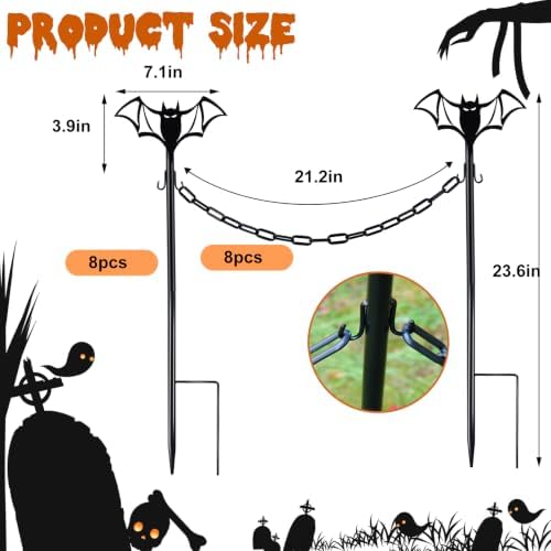 8 Sets Metal Halloween Fence for Outdoor Garden, 23.6in Halloween Graveyard Fences Bat Garden Fence with Connecting Chains Weatherproof Spooky Cemetery Decor for Outdoor Graveyard Pathway Party Scene - Image 2