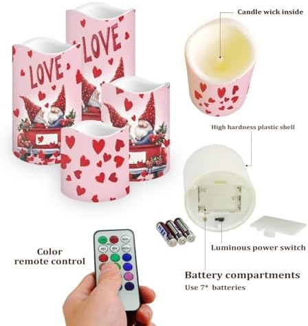 Heart and Gnome Flickering Flameless Candles Pillar LED Candles with Remote and Timer Set of 4 Color Changing Battery Operated Candles for Home Valentine's Day Decoration - Image 3