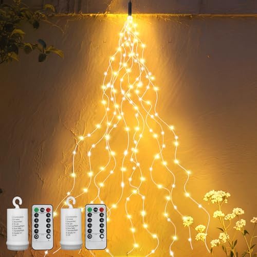 VOOKRY 2 Pack Battery Operated Fairy Lights with Timer, Waterproof Waterfall Flash Lights 8 Modes 10 Strands 200 LEDs Hanging Vine String Lights with Remote for Outdoor DIY Watering Can Lights by VOOKRY