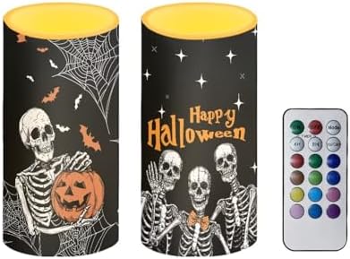 Happy Halloween Skeleton Flickering Flameless Candles with Remote and Timers Battery Operated LED Candles for Trick or Treat Day Home Decoration by Merkmak