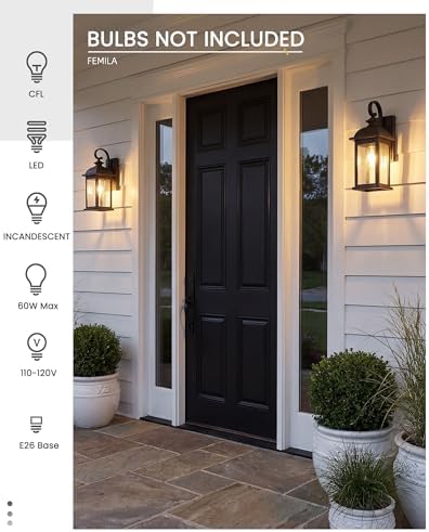 FEMILA Exterior Wall Sconce, 2 Packs Outdoor Waterproof Wall Lights Fixture, E26 Socket Wall Lantern for Porch, Anti-Rust Matte Black Finish with Seeded Glass Lampshade, 4FD54B-2PK BK - Image 6