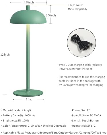 12" Cordless Table Lamps Set of 2, Green Modern Portable Desk Lamp - Image 5