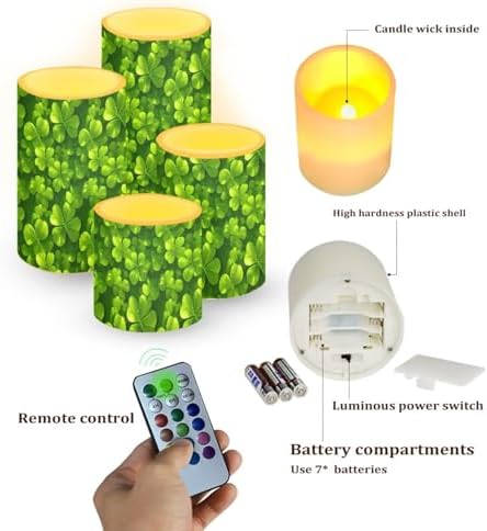 Green Leaves Flameless LED Candles with Remote and Timers Shamrocks Flickering Battery Operated Candles Waterproof Flameless Pillar Lights for St Patricks Day Decoration - Image 2