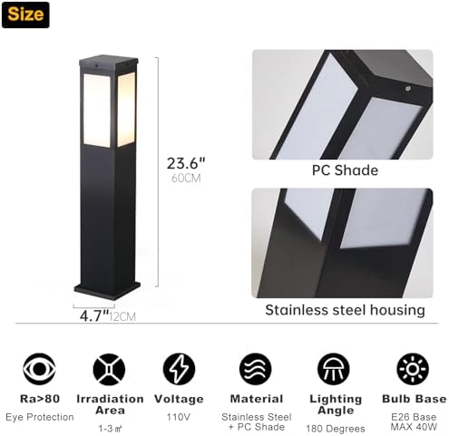 E26 Outdoor Path Light - Waterproof IP54 Stainless Steel Bollard Lighting for Garden, Lawn, Courtyard & Driveway - Durable Landscape Walkway Fixture - Image 6