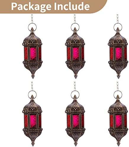 6 Pcs Hanging Hexagon Decorative Moroccan Candle Lantern Holders, Handmade Hanging Tea Light Holder in Bronze Metal & Red & Purple Glass Gift & Decor Items - Image 6