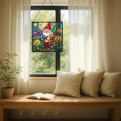 Spring Garden Gnome Stained Glass Suncatcher – Square Hanging Window Panel for Home or Greenhouse – Whimsical Glass Art Gift for Garden Lovers, Christmas, Halloween, Father Days lee1cz - Image 7