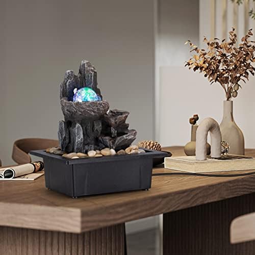 Tabletop Fountain Rotating Ball Rock Waterfall Fountain Office Tabletop Fountains for Home Office Decor Includes Many Natural River Rocks Decorated with Colorful Lights and Rolling Ball - Image 5