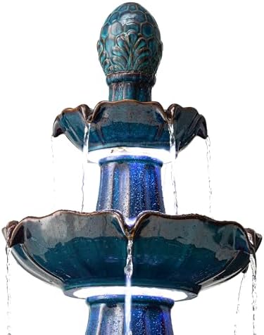 Glitzhome Outdoor 3 Tier Pedestal Fountain with LED Light & Pump - 45.25" H, Ceramic Turquoise Water Fountains Waterfall Large Floor-Standing Garden Fountain for Patio, Lawn, Backyard - Image 5