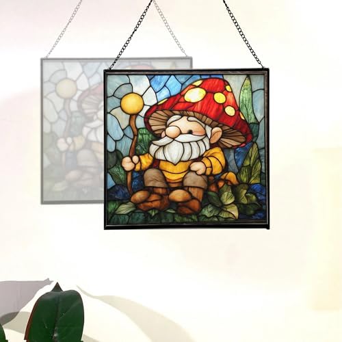 Gnome with Mushroom Maintenance Stained Glass Suncatcher – Square Hanging Window Panel for Home, Garden, Nursery, Halloween, Christmas, Memorial Day – Whimsical Glass Art Gift for Gnome Lovers v7uvc0 - Image 4