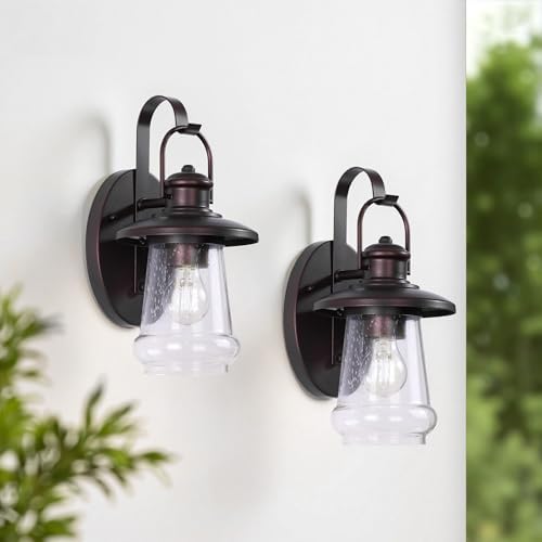 Pia Ricco Outdoor Wall Light Fixture - Oil Rubbed Bronze with Clear Seedy Glass, 12.8 Inch Exterior Sconce for Porch, Entryway, Doorway and Pathway Lighting - Image 6