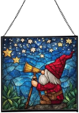 Star Gazer Gnome Stained Glass Suncatcher – Square Hanging Window Panel for Home or Greenhouse – Whimsical Glass Art Gift for Garden Lovers, Christmas, Halloween, Father Days j9i2JX by Custom