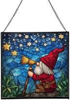 Star Gazer Gnome Stained Glass Suncatcher – Square Hanging Window Panel for Home or Greenhouse – Whimsical Glass Art Gift for Garden Lovers, Christmas, Halloween, Father Days j9i2JX by Custom