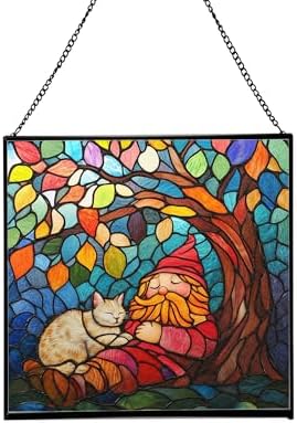 Gnome and Cat Nap Stained Glass Suncatcher – Square Hanging Window Panel for Home or Greenhouse – Whimsical Glass Art Gift for Garden Lovers, Christmas, Halloween, Father Days AV15Ti by Custom