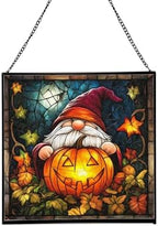 Gnome Pumpkin Lantern Stained Glass Suncatcher – Square Hanging Window Panel for Home or Greenhouse – Whimsical Glass Art Gift for Garden Lovers, Christmas, Halloween, Father Days YYOCot by Custom