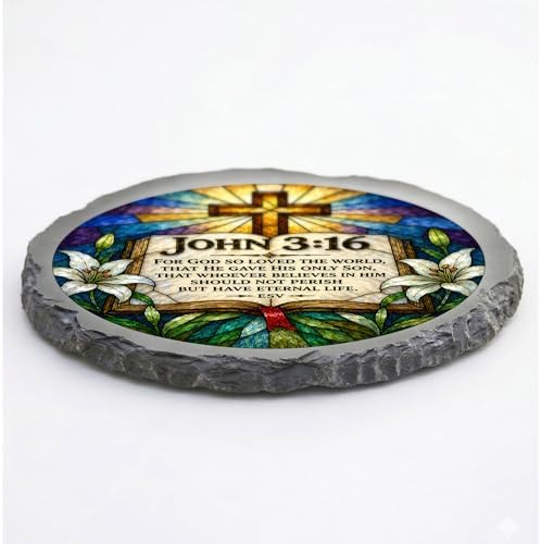 Magnolia Garden 10-Inch John 3:16 Scripture Stepping Stone - Faux Stained Glass Bible Verse Garden Stone, Weather-Resistant Resin Pathway Accent, Christian Cross Outdoor Yard Decor & Walkway Plaque - Image 3