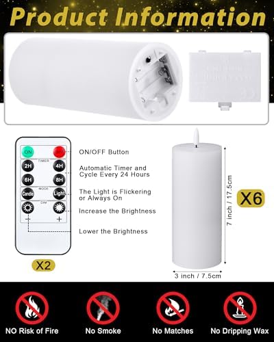 VIHOSE 6 Pack White Flameless Candles Set with Remote and Timer Flickering Flameless Battery Candles LED Pillar Flat Top for Wedding Outdoor Home Festival Decoration(D 3" H 7") - Image 2
