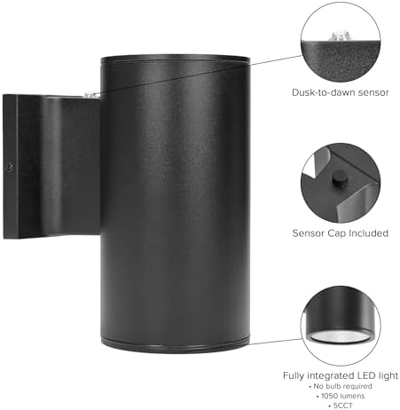 Maxxima Black Cylinder LED Outdoor Wall Light, 1050 Lumens 5 CCT, Photocell - Image 5