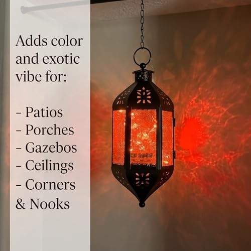 Vela Lanterns Hanging Moroccan Lantern with LED Twinkle Fairy Lights - Exotic Decorative Patio & Porch Decor, Indoor Outdoor Candle Lamp Holder with Chain (13" Large, Amber Glass) - Image 2