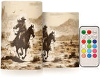 YETTASBIN Western Desert Cowboy Flameless Candles with Remote Control and Timer, Adjustable Brightness Long Lasting Battery Operated LED Pillar Candles for Indoor Outdoor Party Home Decor, 2 Pack by Unknown