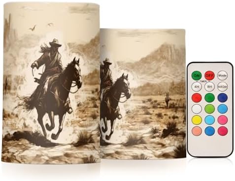 YETTASBIN Western Desert Cowboy Flameless Candles with Remote Control and Timer, Adjustable Brightness Long Lasting Battery Operated LED Pillar Candles for Indoor Outdoor Party Home Decor, 2 Pack by Unknown