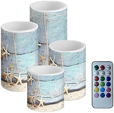 Flickering Flameless Candles 4 Pieces Set, LED Pillar Candles with Timer Battery Operated Tea Lights for Coastal Decor, Beach Starfish with Blue Wood Grain - Image 2