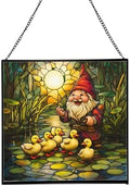 Gnome and Ducklings Stained Glass Suncatcher – Square Hanging Window Panel for Home or Greenhouse – Whimsical Glass Art Gift for Garden Lovers, Christmas, Halloween, Father Days IMzgZn by Custom
