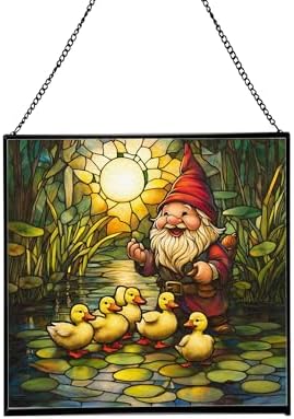 Gnome and Ducklings Stained Glass Suncatcher – Square Hanging Window Panel for Home or Greenhouse – Whimsical Glass Art Gift for Garden Lovers, Christmas, Halloween, Father Days IMzgZn by Custom