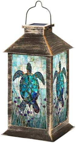 Solar Lanterns Outdoor Waterproof Graceful Teal Stained Glass Sea Turtle Illustrated Anemones Hanging Solar Light Outside Lights for Patio Yard House Lawn Decor Birthday Gifts for Women Mom by Unknown