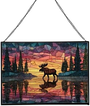 Moose Wading Through Shimmering Lake Rectangular Stained Glass Suncatcher – Hanging Window Panel with Animal & Nature Scene – Vibrant Glass Art Gift for Wildlife, Fantasy, Nature Lovers VbAJYD by Custom