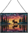 Moose Wading Through Shimmering Lake Rectangular Stained Glass Suncatcher – Hanging Window Panel with Animal & Nature Scene – Vibrant Glass Art Gift for Wildlife, Fantasy, Nature Lovers VbAJYD by Custom