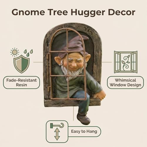 Gnome Statue Tree Face Outside Yard Art Outdoor Statue, 12 Inch Elf Out of The Window Tree Decor and Yard Decorations, Whimsical Gnomes Garden Sculptures & Statues, Fairy Tree Peeker Ornaments - Image 6