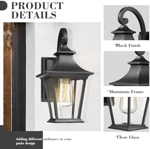 Emliviar Outdoor Wall Lights 2 Pack - Exterior Porch Lights Wall Mount in Black Finish with Clear Glass, XE219B-2PK BK - Image 3