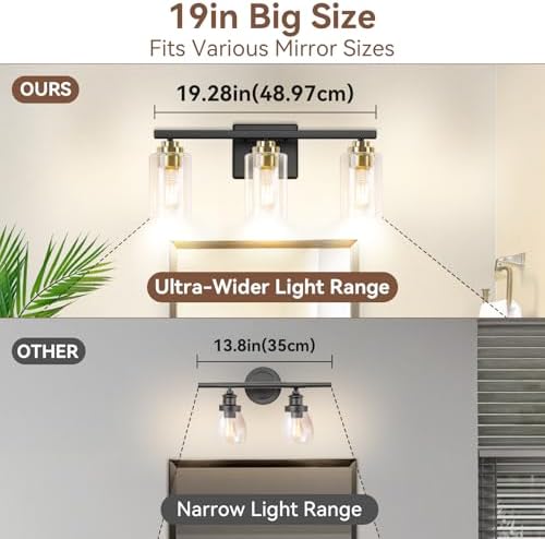 19" Black & Gold Modern Vanity Lights Over Mirror with Clear Glass Shades - Image 6