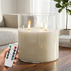 NICEME Extra Large 3 Wick Battery Operated Candle, 6"x6" Big Clear Glass Flameless Candles with Remote, Real Wax Flickering Led Pillar Fake Giant Candle for Wedding Party Holiday Home Decor, White by NicemeFlamelessCandle