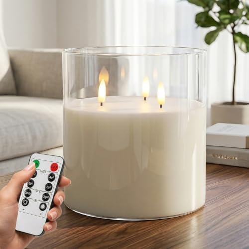 NICEME Extra Large 3 Wick Battery Operated Candle, 6"x6" Big Clear Glass Flameless Candles with Remote, Real Wax Flickering Led Pillar Fake Giant Candle for Wedding Party Holiday Home Decor, White by NicemeFlamelessCandle