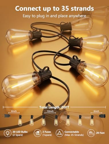 20FT ST40 LED Outdoor String Lights with 22 Shatterproof Vintage Edison Bulbs, Patio String Lights Waterproof for Backyard Porch Garden Balcony Party Bistro Decorations,2700K Warm White, Black Wire - Image 2