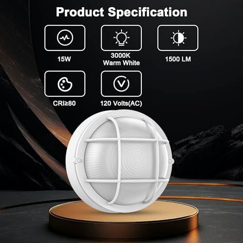 8” Bulkhead LED Light White Round,Nautical Outdoor Lights 8" LED Sauna Light Fxiture Outdoor White Round Nautical Bulkhead Lights 3000K,1500 Lumen,15W - Image 2