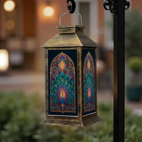 Solar Lantern Stained Glass Peacock Mandala Outdoor Waterproof Garden Hanging Lantern Solar Powered Lighting Outside Solar Light for Patio Yard Camping, Gifts for Women Mom - Image 6