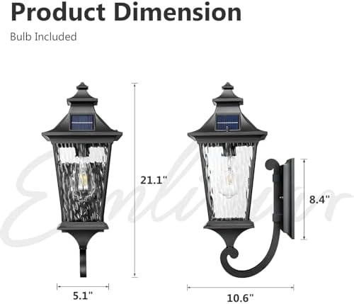 Emliviar Solar Wall Lantern Outdoor, Waterproof Outdoor Sconce Light, Dusk to Dawn LED Exterior Wall Lighting with Water Ripple Glass, Black Finish, 500181-SL SW BK - Image 6