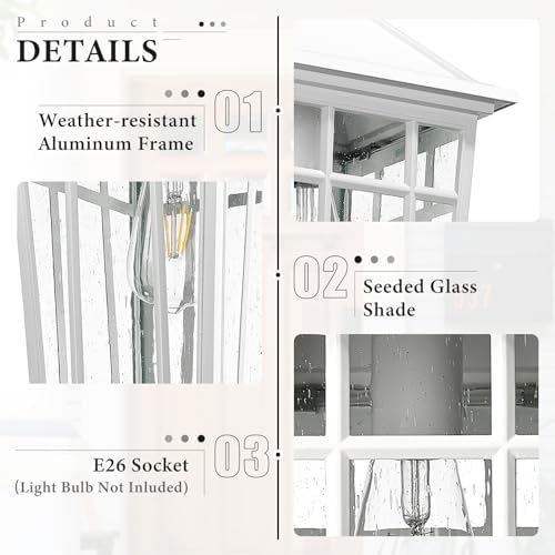 Darkaway Large Outdoor Wall Lights for House, 18inch Exterior Lighting Fixtures 2pcs Wall Mount Outdoor Porch Lights White Outdoor Sconce Lights with Seeded Glass for Hallway Garage - Image 3